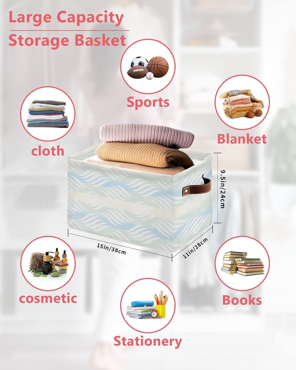 Teal Blue Striped Storage Basket for Organizing Shelves, Collapsible Storage Bins Boxes with Handle, Modern White Moire Geometric Abstract Art