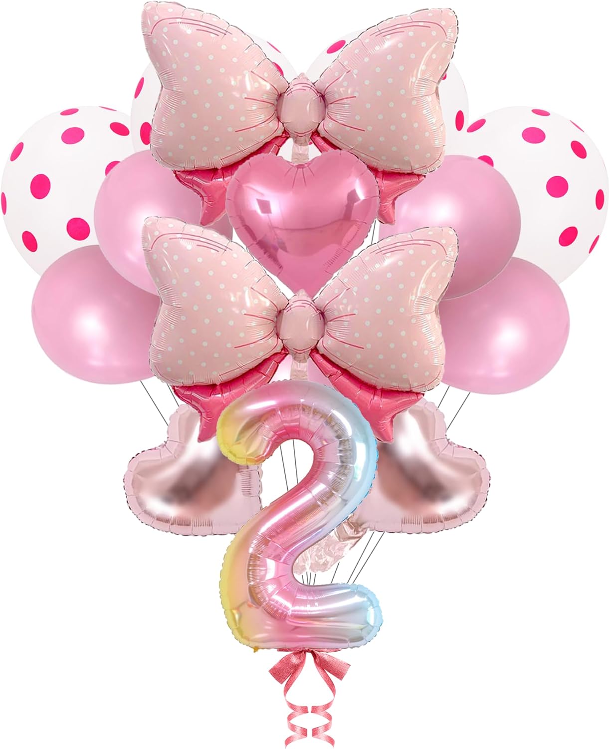 14 globos de fiesta de ratón con lazo rosa, globos metálicos de papel de aluminio rosa intenso, incluye globo de cumpleaños número 2, arco rosa,