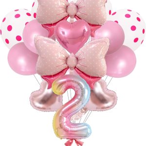 14 globos de fiesta de ratón con lazo rosa, globos metálicos de papel de aluminio rosa intenso, incluye globo de cumpleaños número 2, arco rosa, 14 globos de fiesta de ratón con lazo rosa, globos metálicos de papel de aluminio rosa intenso, incluye globo de cumpleaños número 2, arco rosa,