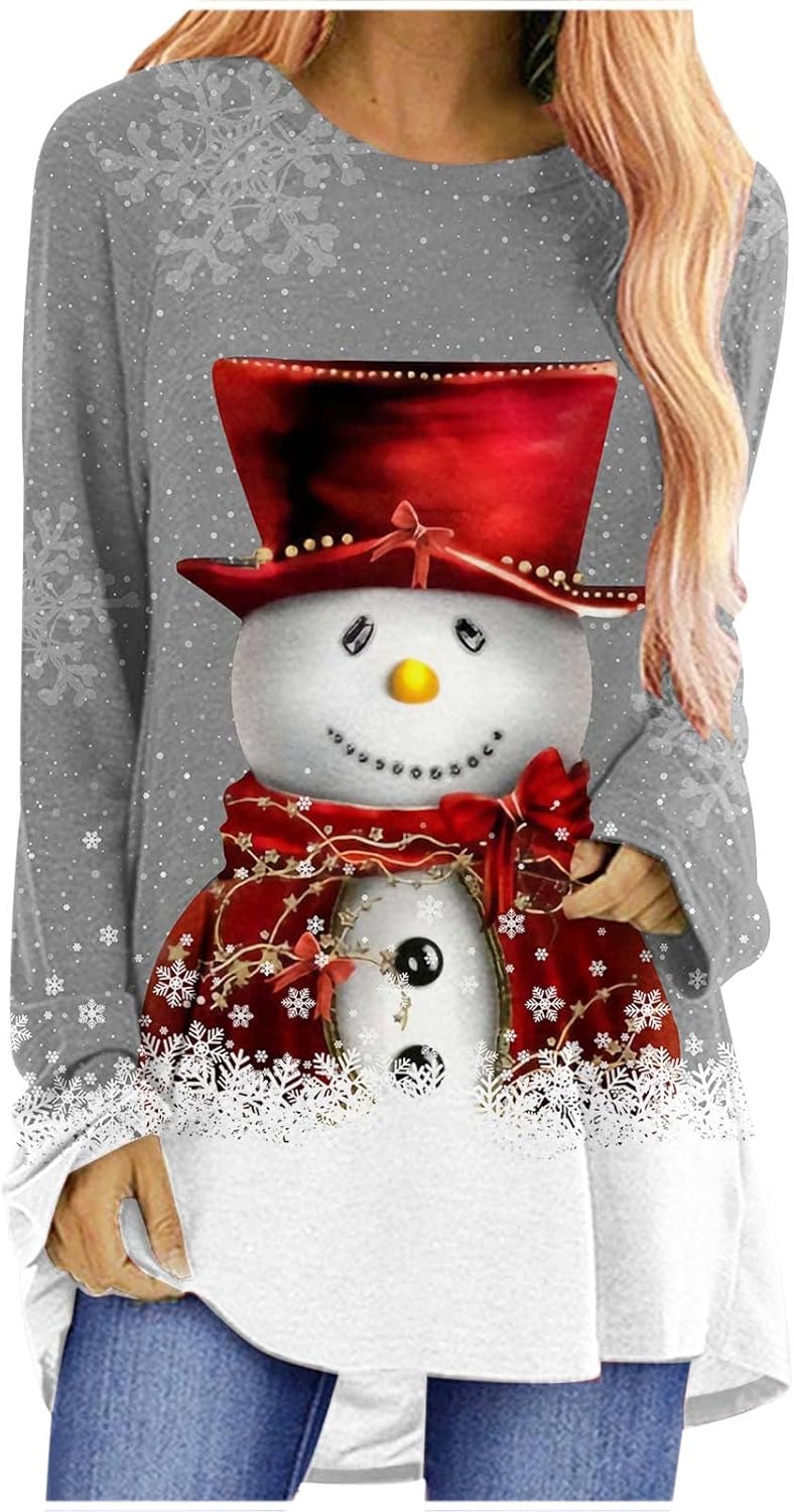 Blusa de manga larga con estampado de copo de nieve brillante para mujer, diseño de muñeco de nieve, para leggings, Gris
