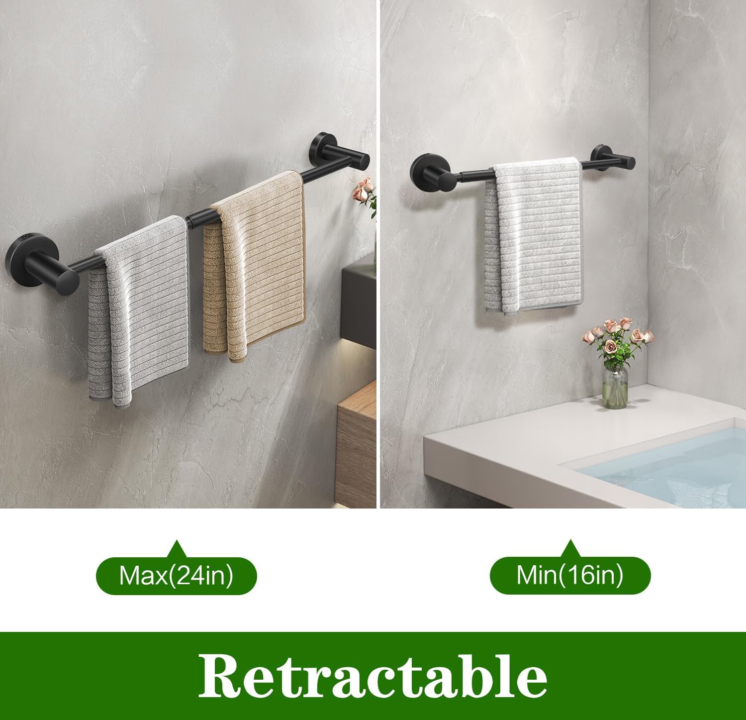 Juego de accesorios de baño de 10 piezas, barra de toalla individual retráctil de 27 pulgadas con soportes para papel higiénico, 3 ganchos