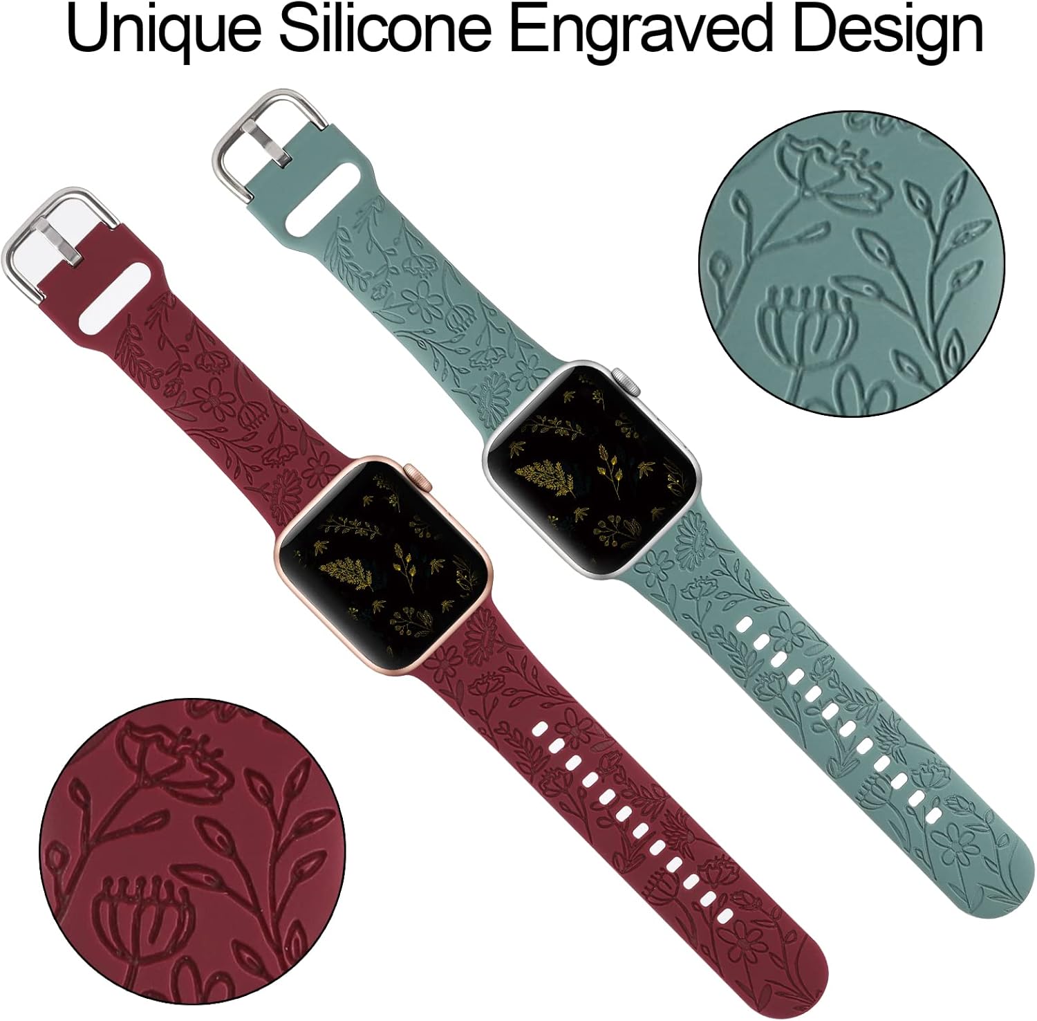 Paquete de 2 correas deportivas grabadas con flores compatibles con correas de Apple Watch de 1.496 pulgadas, 1.575 pulgadas, 1.614 pulgadas,