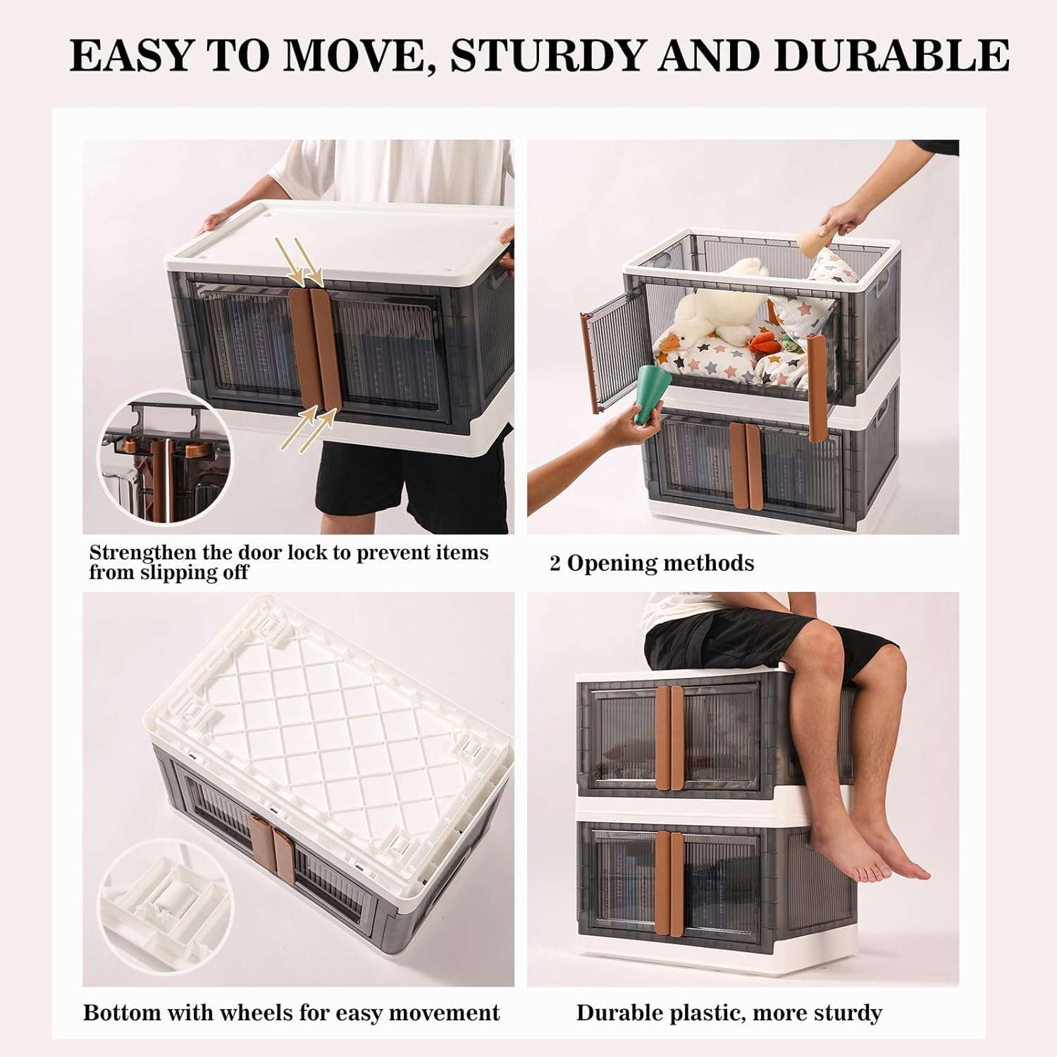 El almacenamiento plegable de ropa con ruedas se puede apilar libremente, contenedores apilables con tapa y puerta para juguetes, ropa de temporada,