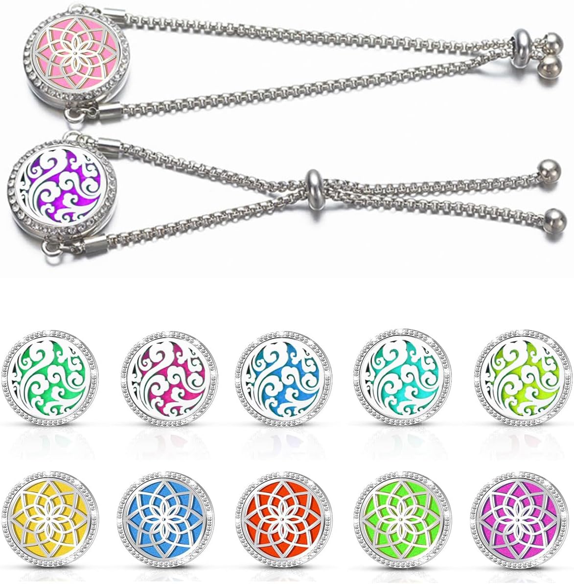 2 pulseras difusoras de aceites esenciales, medallón difusor de aromaterapia de diamante, pulsera ajustable con 20 almohadillas de repuesto