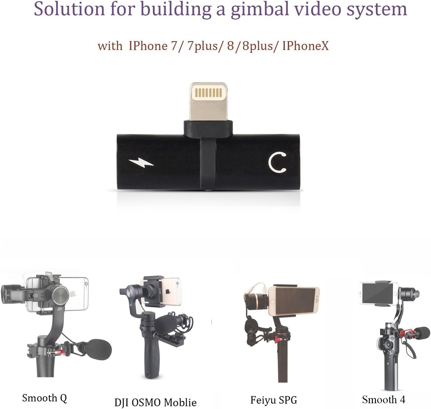 HolaFoto Adaptador 2 en 1, carga y adaptador de audio para auriculares, micrófono para Zhiyun Smooth 5S Smooth5 4 Q3 q2 q DJI Osmo Mobile 2 Feiyu