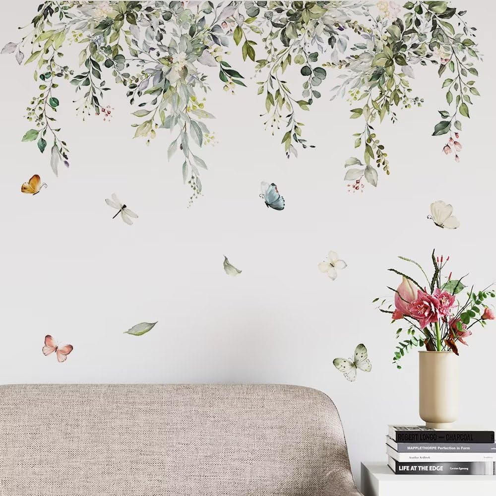 AWAKINK Calcomanías de pared de plantas, hojas, murales, acuarela, flores, vinilo, removibles, mariposas, arte de pared, bricolaje, despegar y