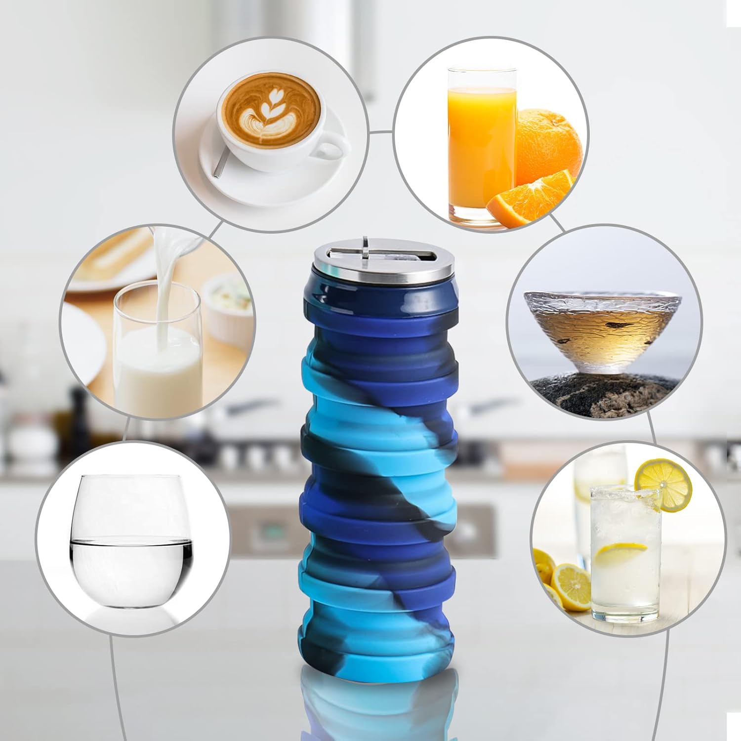 Botellas de agua plegables con cepillo de silicona  Botella de agua plegable de silicona con pajilla, botella de agua reutilizable para camping, a