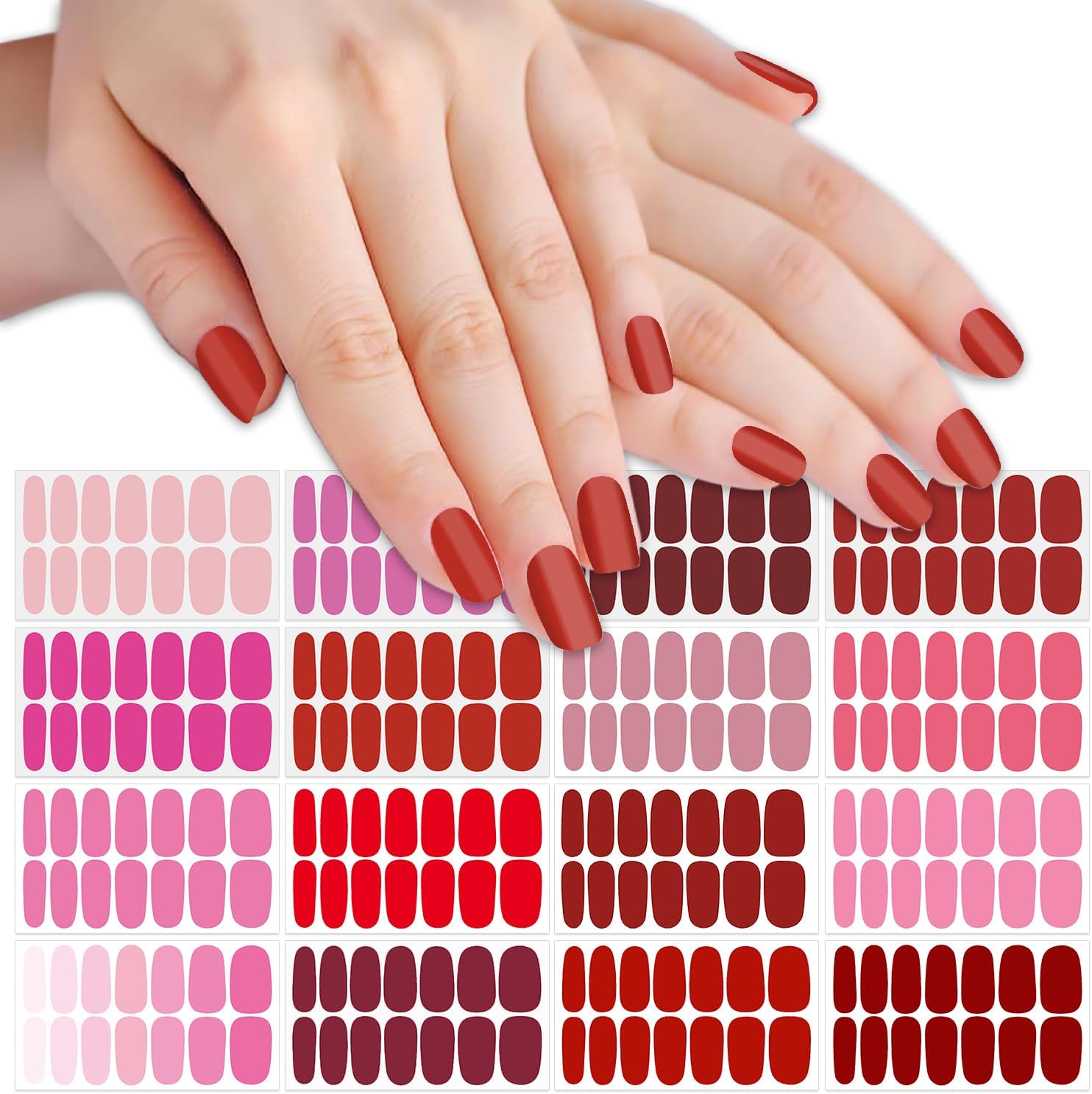 SILPECWEE 16 hojas de calcomanías de esmalte de uñas rosa y rojo, envolturas completas para mujeres, tiras de esmalte de uñas, tiras de uñas de gel,