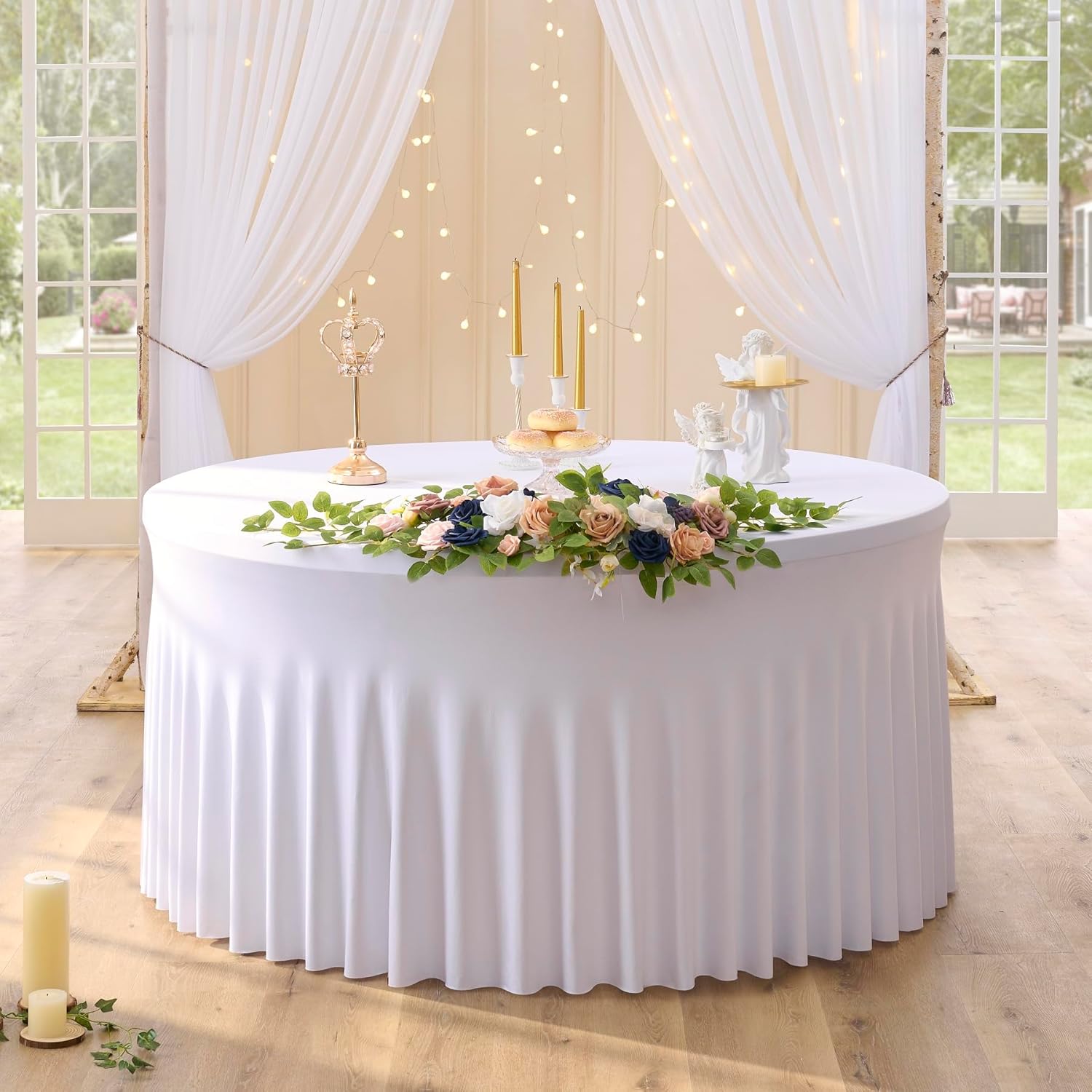 Paquete de 8 manteles de elastano blanco para mesa redonda de 72 pulgadas, manteles ajustables de 132 pulgadas para fiesta de boda, mantel de