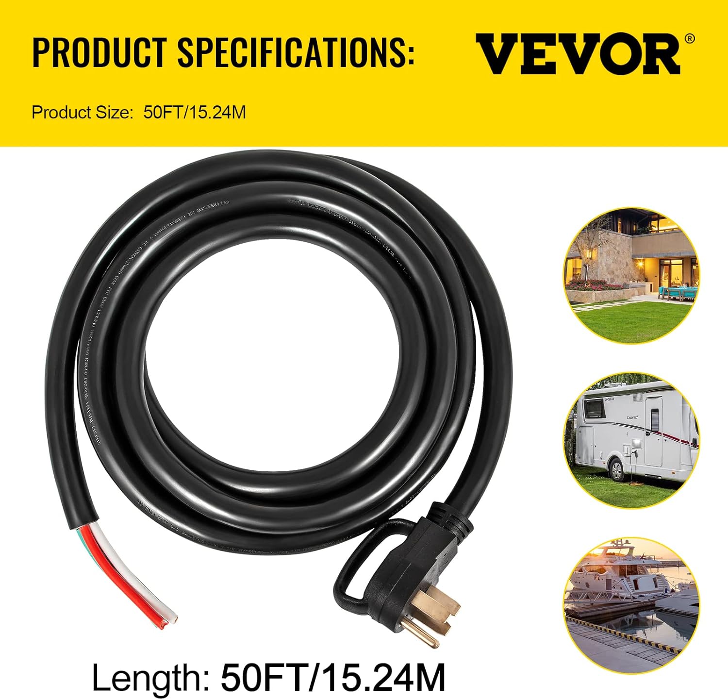 VEVOR Cable de extensión para generador de 50 pies y 30 amperios SJTW 10 AWG, 4 clavijas, NEMA L14-30P 125250V, cable de alimentación de generador