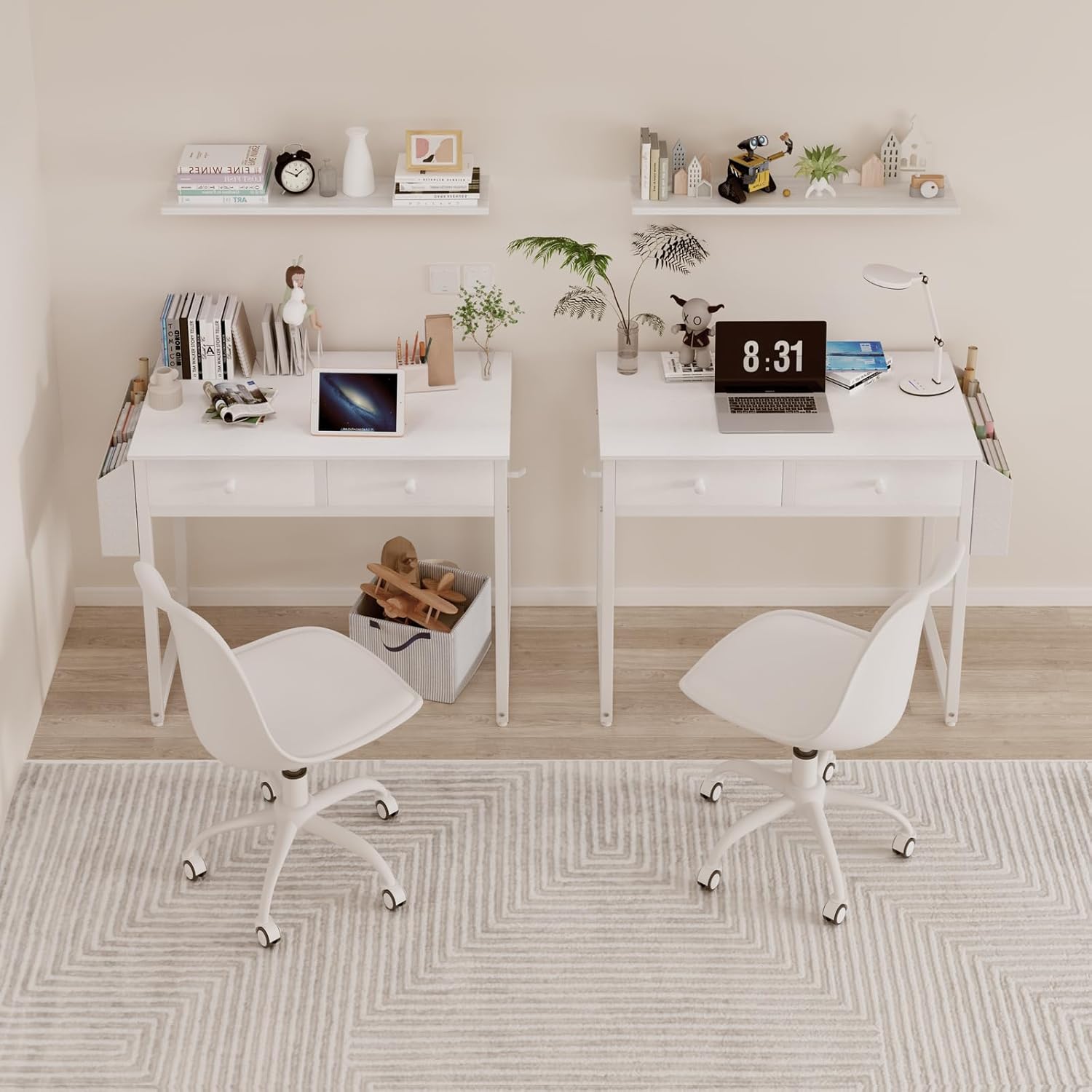 Lufeiya Escritorio pequeño blanco con cajones, para dormitorio, escritorio de computadora de oficina en casa de 32 pulgadas con cajón de