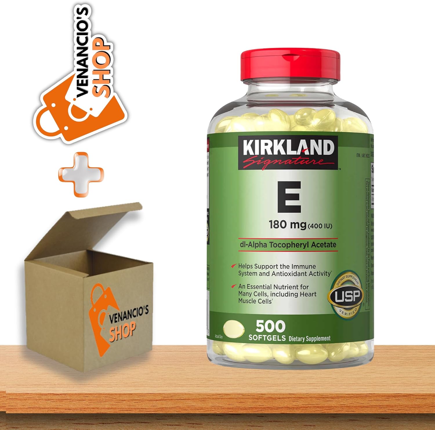 Kirkland Vitamina E 400 UI cápsulas blandas 500 unidades, VIT E 180mg para mujeres y hombres + incluye adhesivo Venancio’sBox (paquete de 1)