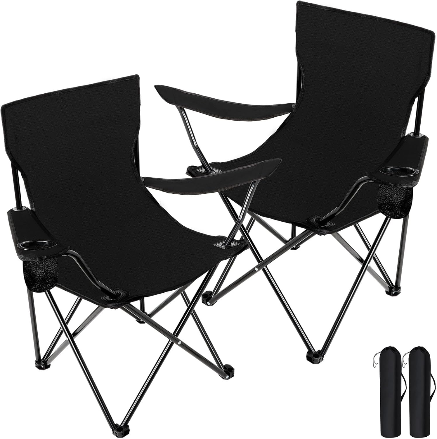 Paquete de 2 sillas plegables de gran tamaño para campamento, sillas de césped resistentes con bolsa de transporte, portavasos, sillas plegables