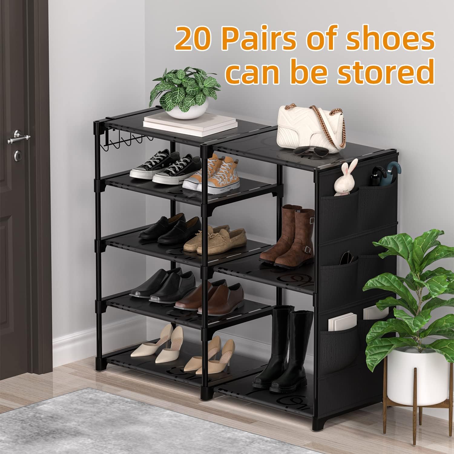 Zapatero de 5 niveles para armario, 28 pares de metal apilable para zapatos, organizador de botas, estante de zapatos con bolsa lateral para