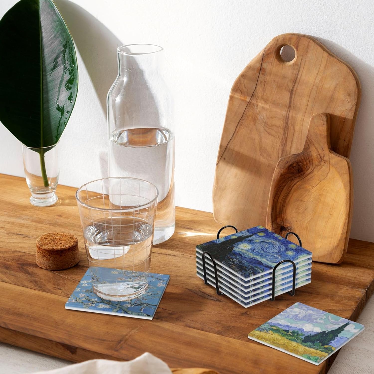 Juego de posavasos de cerámica para bebidas con base de corcho, utiliza 6 pinturas famosas de Van Gogh, regalos únicos de inauguración de la casa