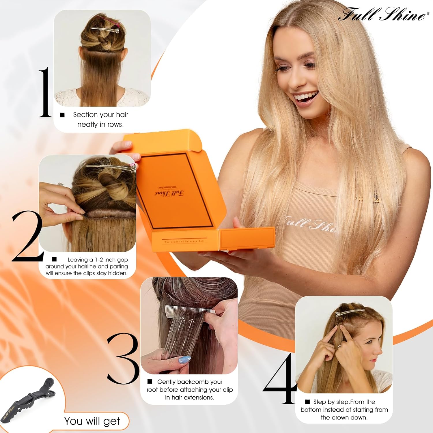 Full Shine – Extensiones de clip de cabello humano Remy – Extensiones invisibles doble capa – Castaño oscuro – 7piezas, 20pulgadas, 4.2onzas