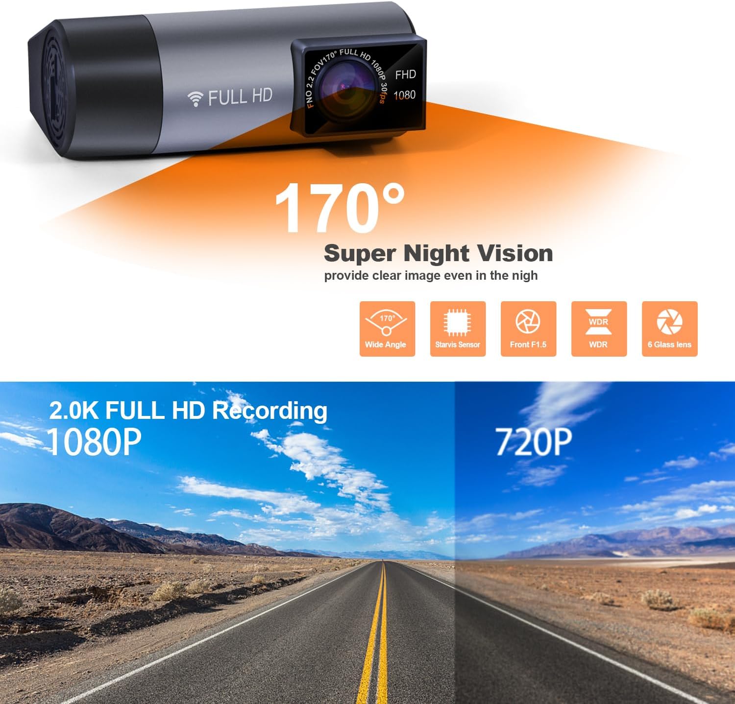 Cámara de tablero de 1920 x 1080P con WiFi GPS integrada para tablero de instrumentos de automóvil con almacenamiento de tarjeta TF de 64 GB, gran