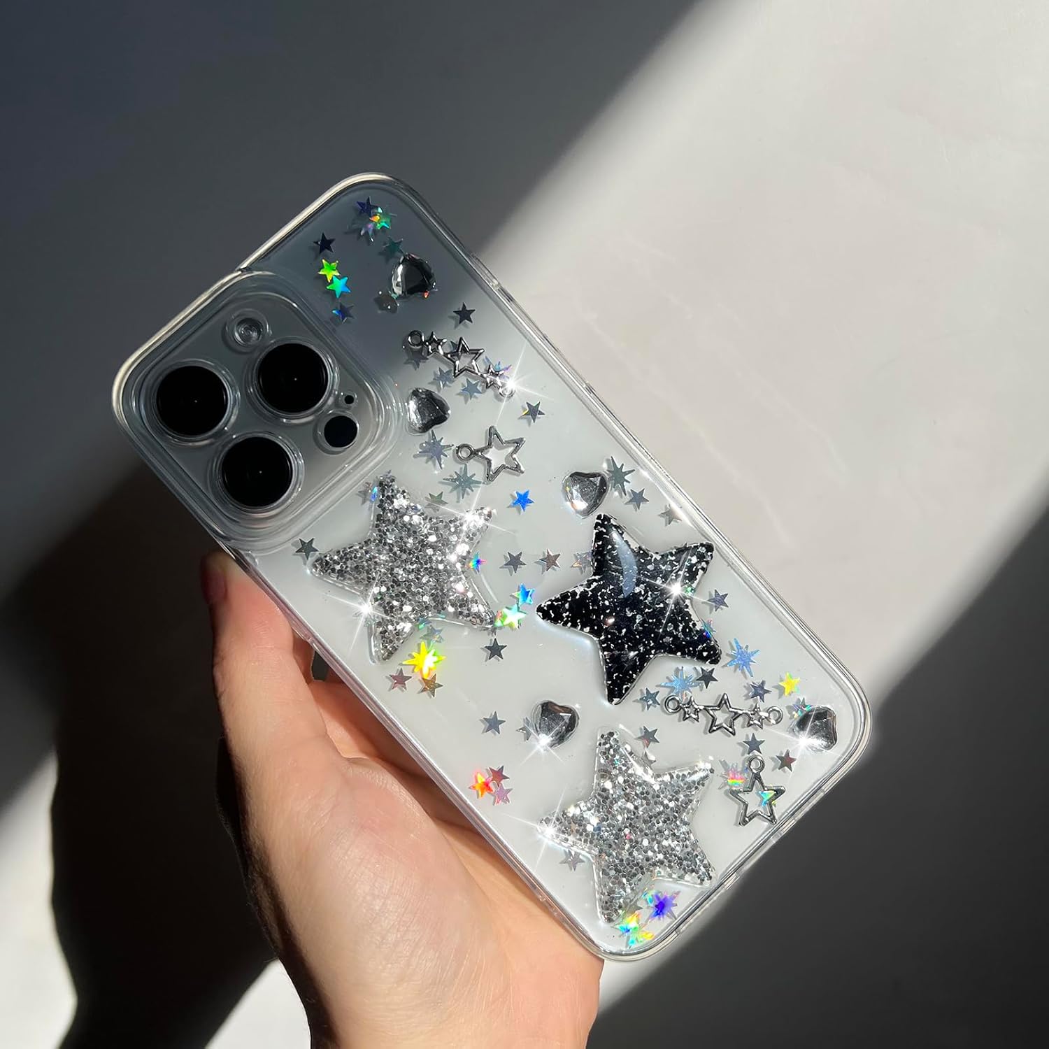 Funda compatible con iPhone 15, diseño de estrellas brillantes con purpurina 3D, bonito diseño de diamantes para niñas y mujeres, funda protectora