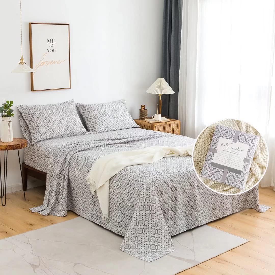 KACEMOO Juego de sábanas de 3 piezas con estampado beige bohemio, sábanas de microfibra de bolsillo profundo, lujosas, suaves, transpirables,