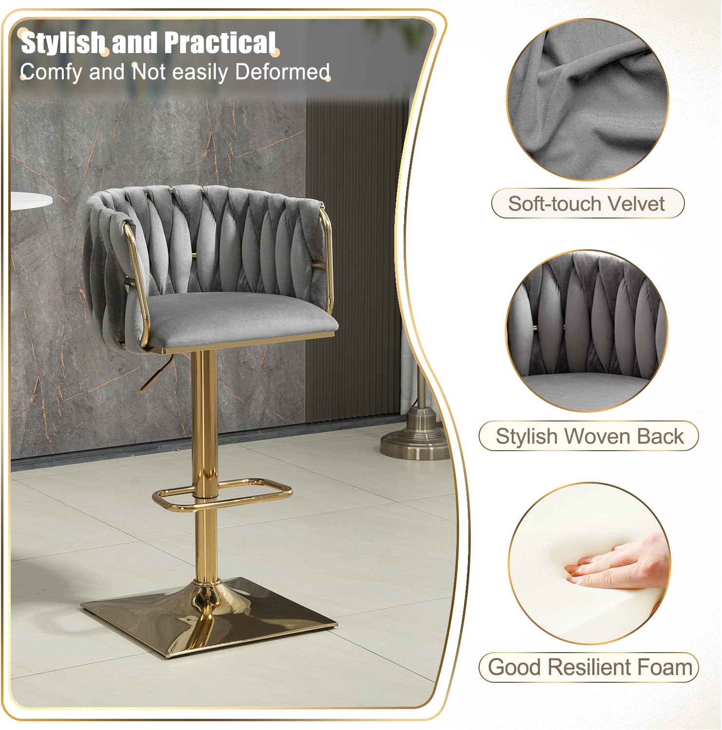 Juego de 2 taburetes de bar giratorios de terciopelo, taburetes de bar ajustables y cómodos, silla de comedor moderna con respaldo tejido, taburetes