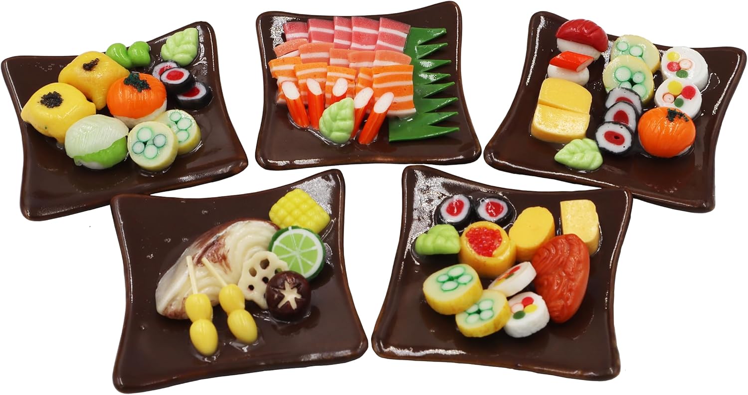 Juego de 5 piezas de comida en miniatura de sushi Bento en plato de cerámica, casa de muñecas, alimentos en miniatura, para el hogar, cocina en