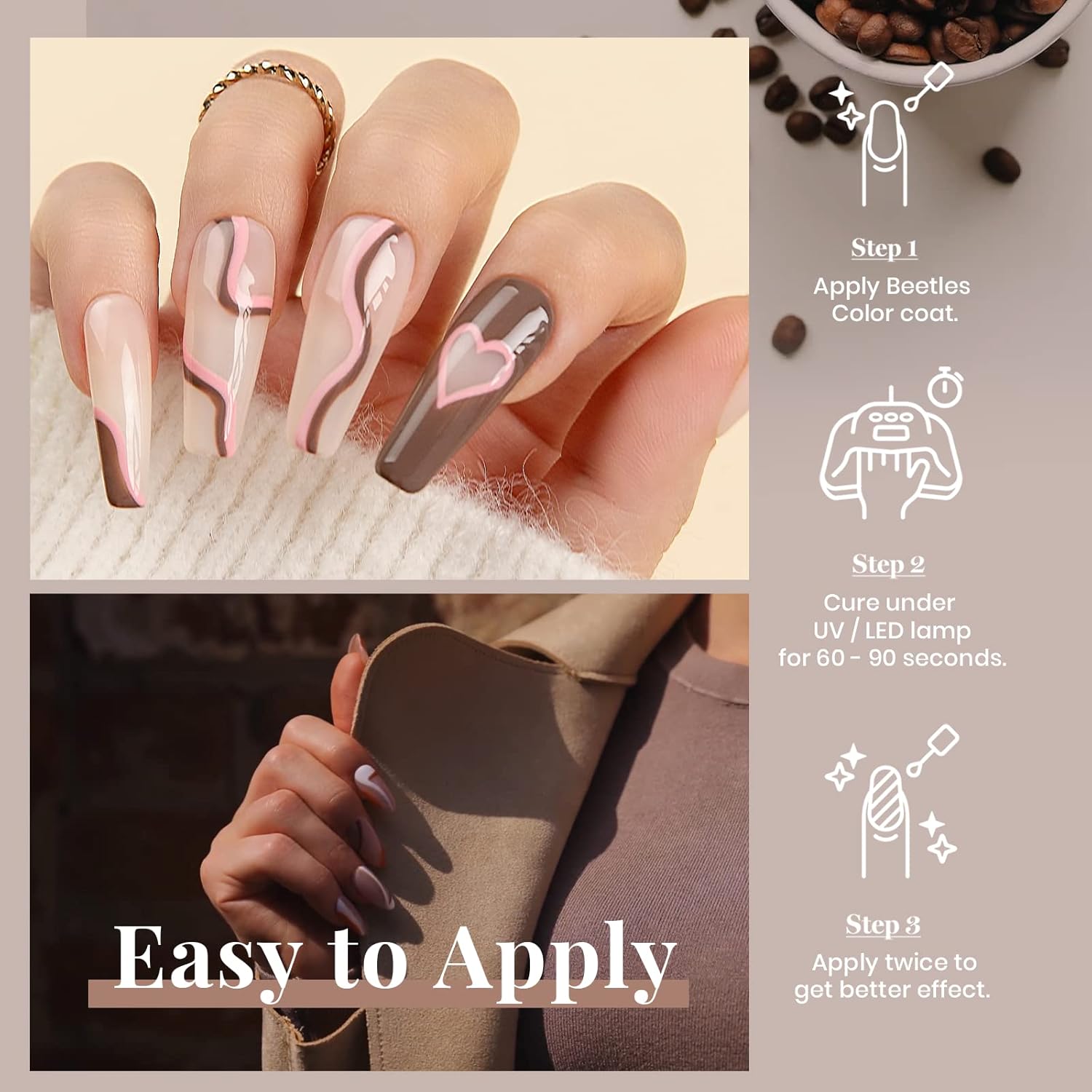 Beetles – Esmalte de uñas de gel, 1 unidad de 0.5 onzas líquidas, color gris y marrón, lámpara de uñas UV, esmalte de uñas LED, arte de uñas, salón