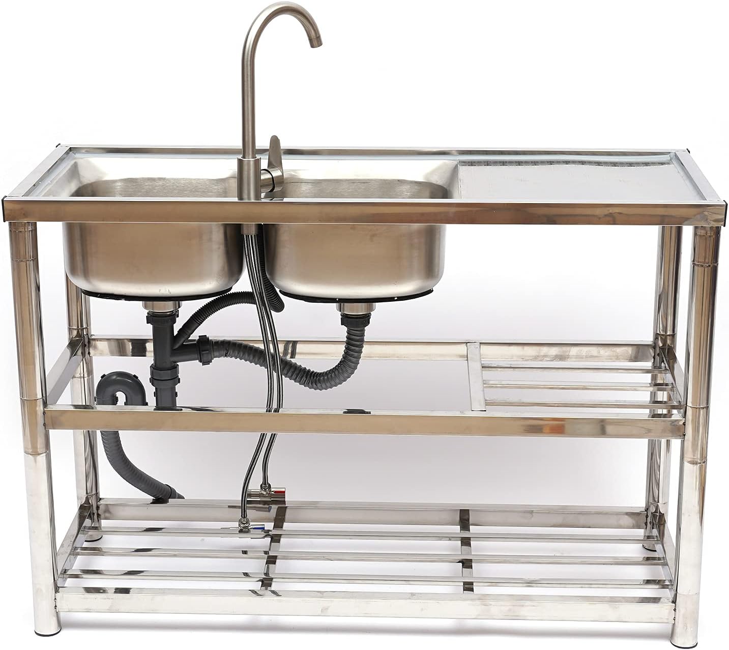 Fregadero de cocina comercial, fregadero de acero inoxidable de 2 compartimentos, fregadero de restaurante independiente, mesa de preparación de