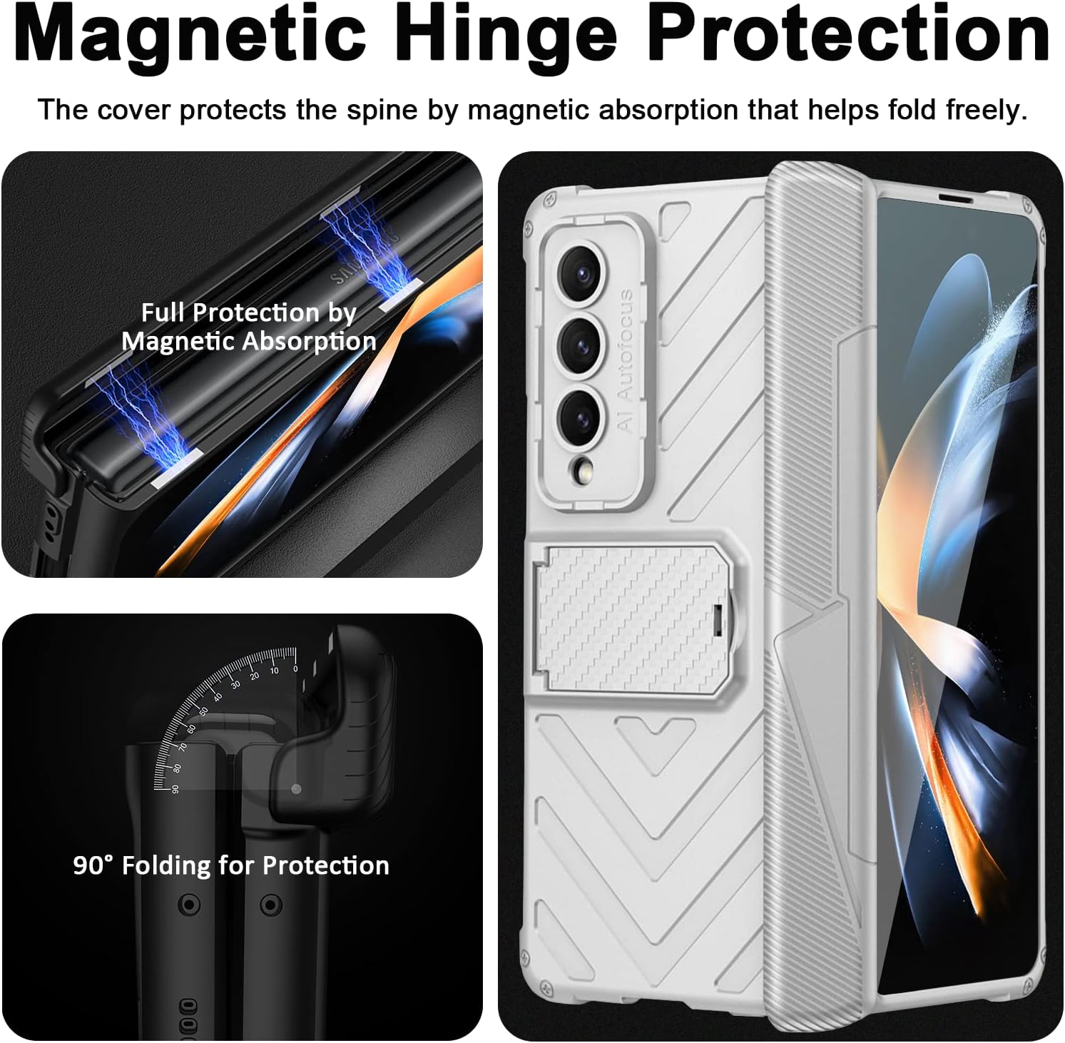 Miimall Funda compatible con Z Fold 4, funda Fold 4 con protección de bisagra, soporte ajustable, protector de pantalla de vidrio templado, funda