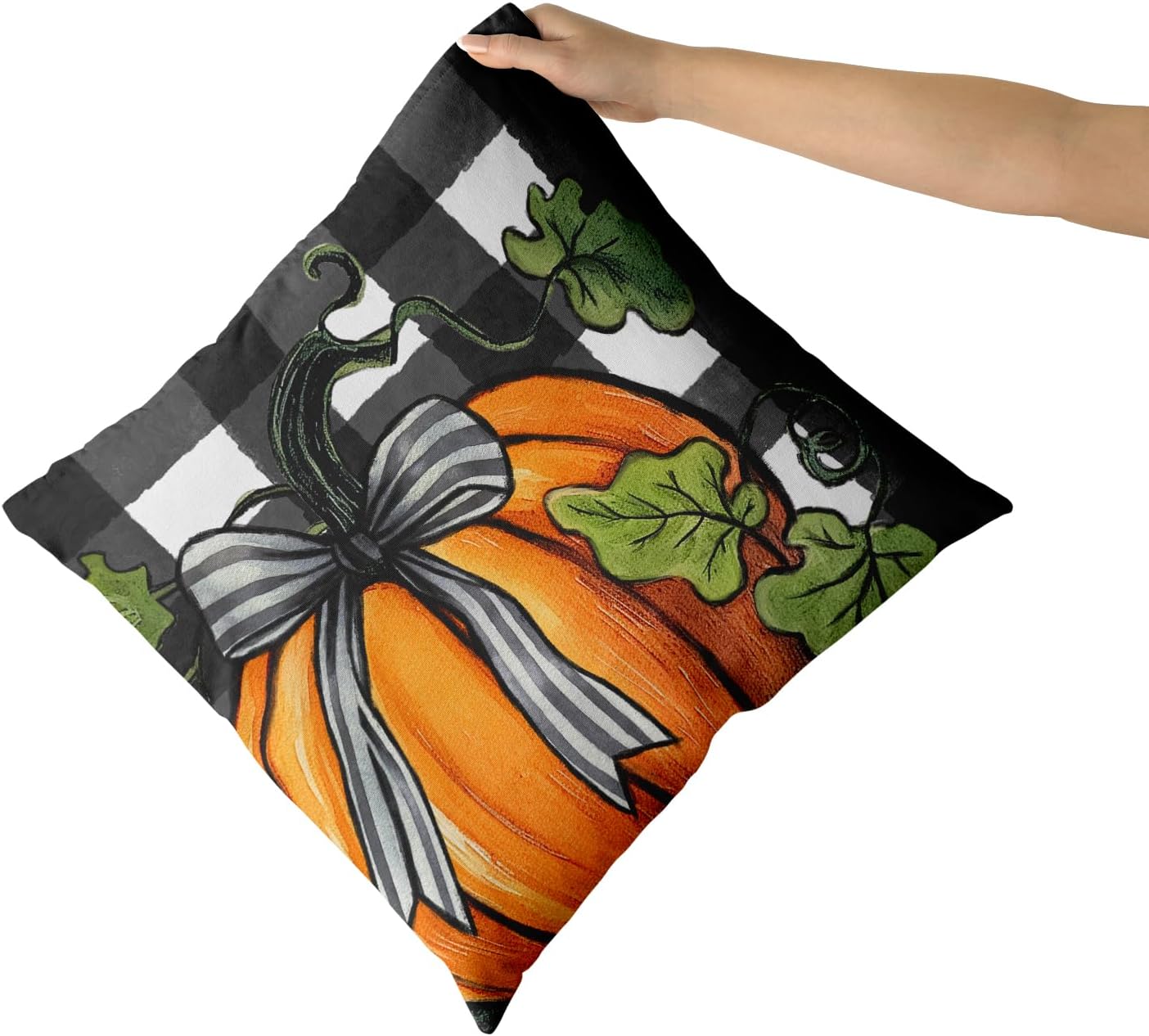 Juego de 2 fundas de almohada de otoño de 16 x 16 pulgadas, fundas de almohada decorativas de calabaza a cuadros negros y blancos, fundas de
