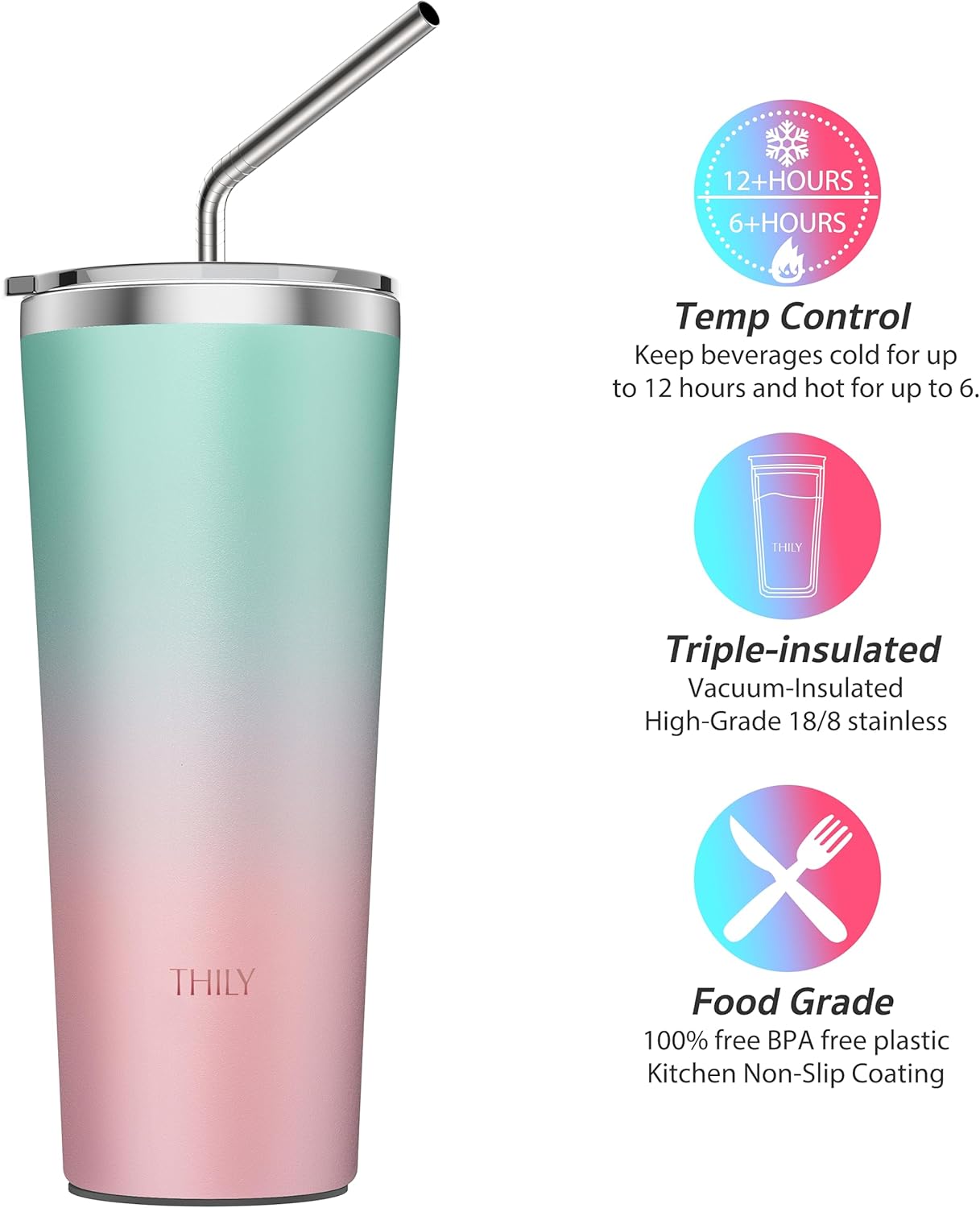 THILY Vaso de viaje de acero inoxidable aislado al vacío, taza de café de 26 onzas con 2 tapas y popotes, a prueba de salpicaduras, mantiene las