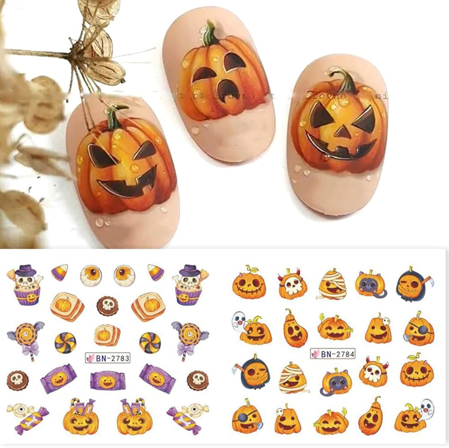 Calcomanías de arte de uñas de Halloween, 12 hojas de calcomanías de transferencia de agua para Halloween, calabaza, fantasma, araña, bruja,