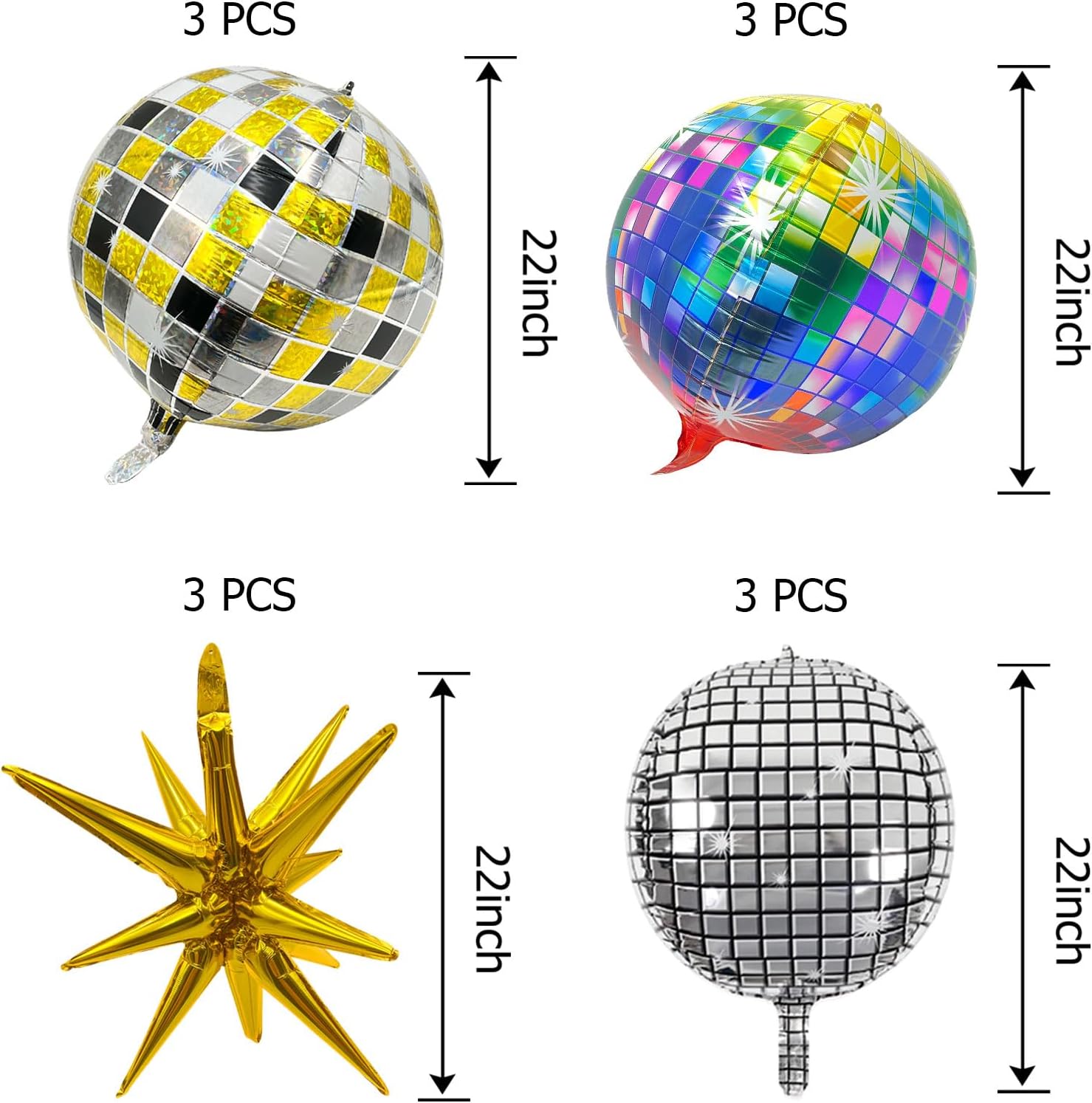 Globos de bola de discoteca, 12 piezas de decoraciones de cumpleaños de 22 pulgadas, globos gigantes de aluminio 4D, globos redondos de Mylar para
