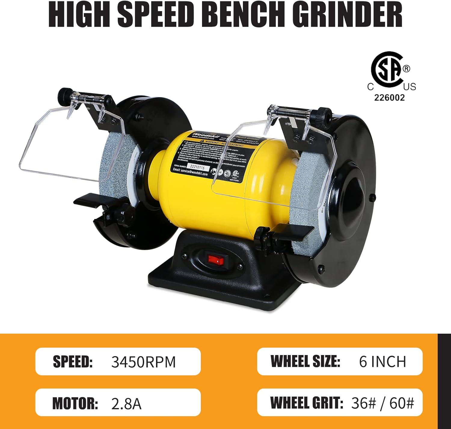 Woodskil 2.8Amp 12HP 6-Inch High-Speed Bench Grinder, CSA Listed, Table Grinder for sharpening