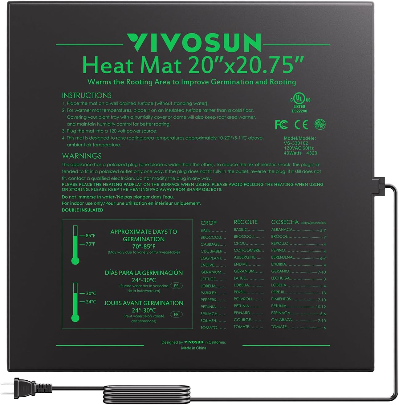 Alfombrilla de calor Vivosun durable impermeable. Almohadilla de calefacción cálido hidropónico.