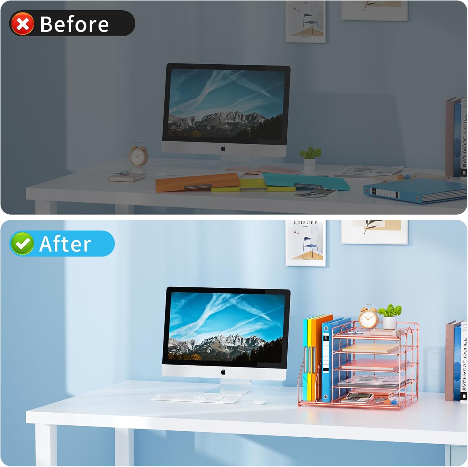 Marbrasse Organizador de escritorio con soporte para archivos, bandeja de papel de 5 niveles, accesorios de escritorio de malla, soporte para