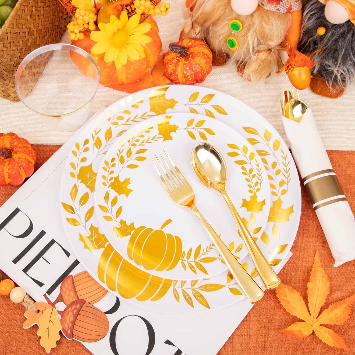 Ciaell 175 platos de plástico de Acción de Gracias  Platos de plástico desechables para otoño  Los platos de plástico blanco y dorado incluyen 50