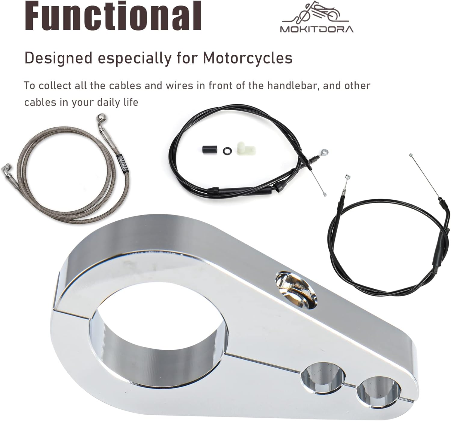MokitDora 1″ Manillar o Marco Doble Agujero Acelerador Embrague Cable Freno Línea Abrazadera Universal para Harley, Cromo