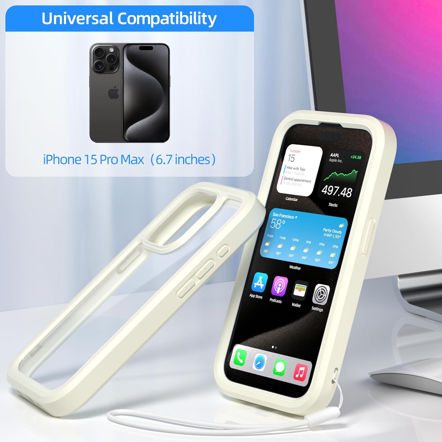 WXR Compatible con iPhone 15 Pro Max, parachoques de silicona suave y parte trasera de policarbonato duro transparente e interior de policarbonato