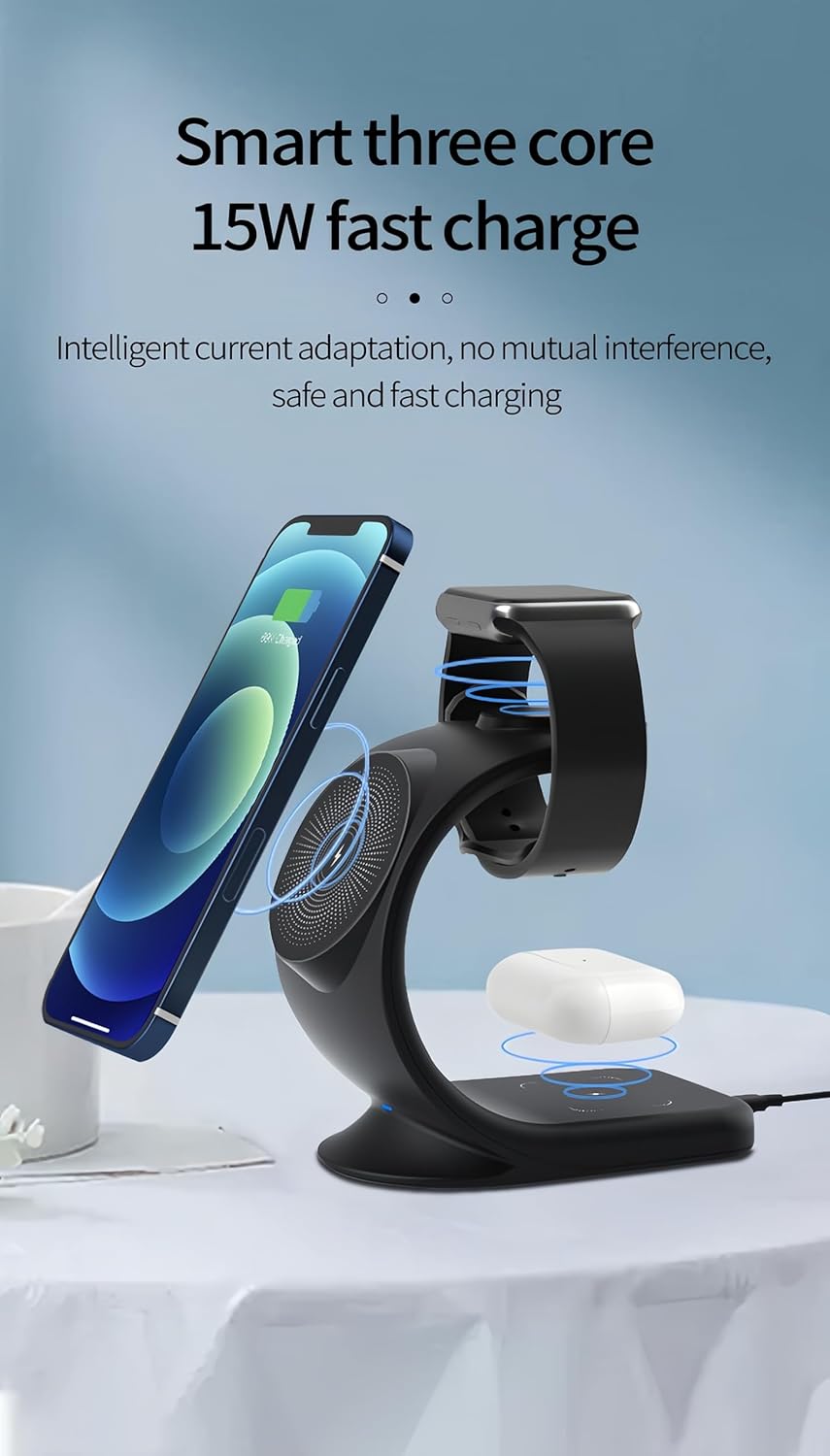 MMOBIEL Estación de carga inalámbrica compatible con iPhone, Apple Watch y AirPods – Soporte de cargador inalámbrico 3 en 1 de 18 W – Base de carga