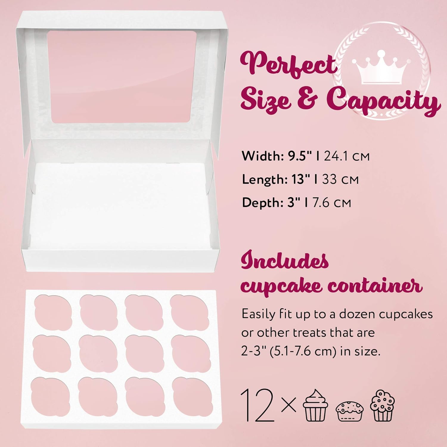 Spec101 – Cajas para magdalenas a granel, paquete de 12 recipientes desechables para magdalenas con ventana de color blanco, 12 unidades, tamaño