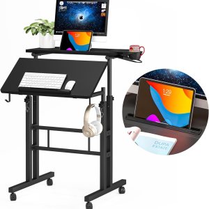 Panta Escritorio móvil de pie, escritorio de pie con soporte para tazas, escritorio de computadora de altura ajustable, escritorio portátil con Panta Escritorio móvil de pie, escritorio de pie con soporte para tazas, escritorio de computadora de altura ajustable, escritorio portátil con