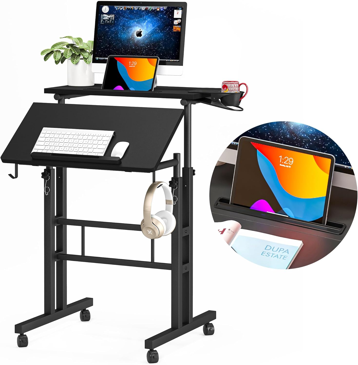 Panta Escritorio móvil de pie, escritorio de pie con soporte para tazas, escritorio de computadora de altura ajustable, escritorio portátil con
