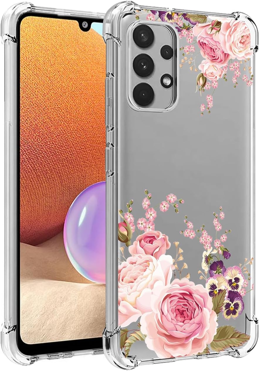Ueokeird Funda de teléfono para Galaxy A32 4G, Samsung A32 4G SM-A325F, funda delgada a prueba de golpes con patrón floral transparente suave y