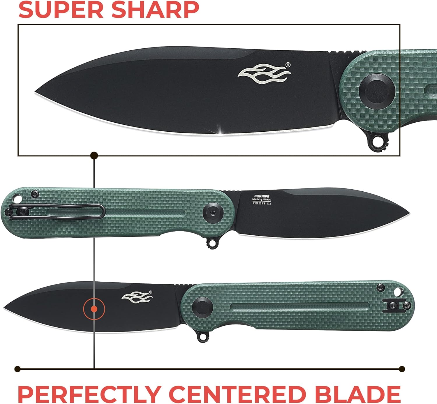 Firebird Ganzo FH922PT-GB – Cuchillo de bolsillo plegable con rodamiento de bolas, D2, hoja negra, G10, mango antideslizante con clip, equipo de