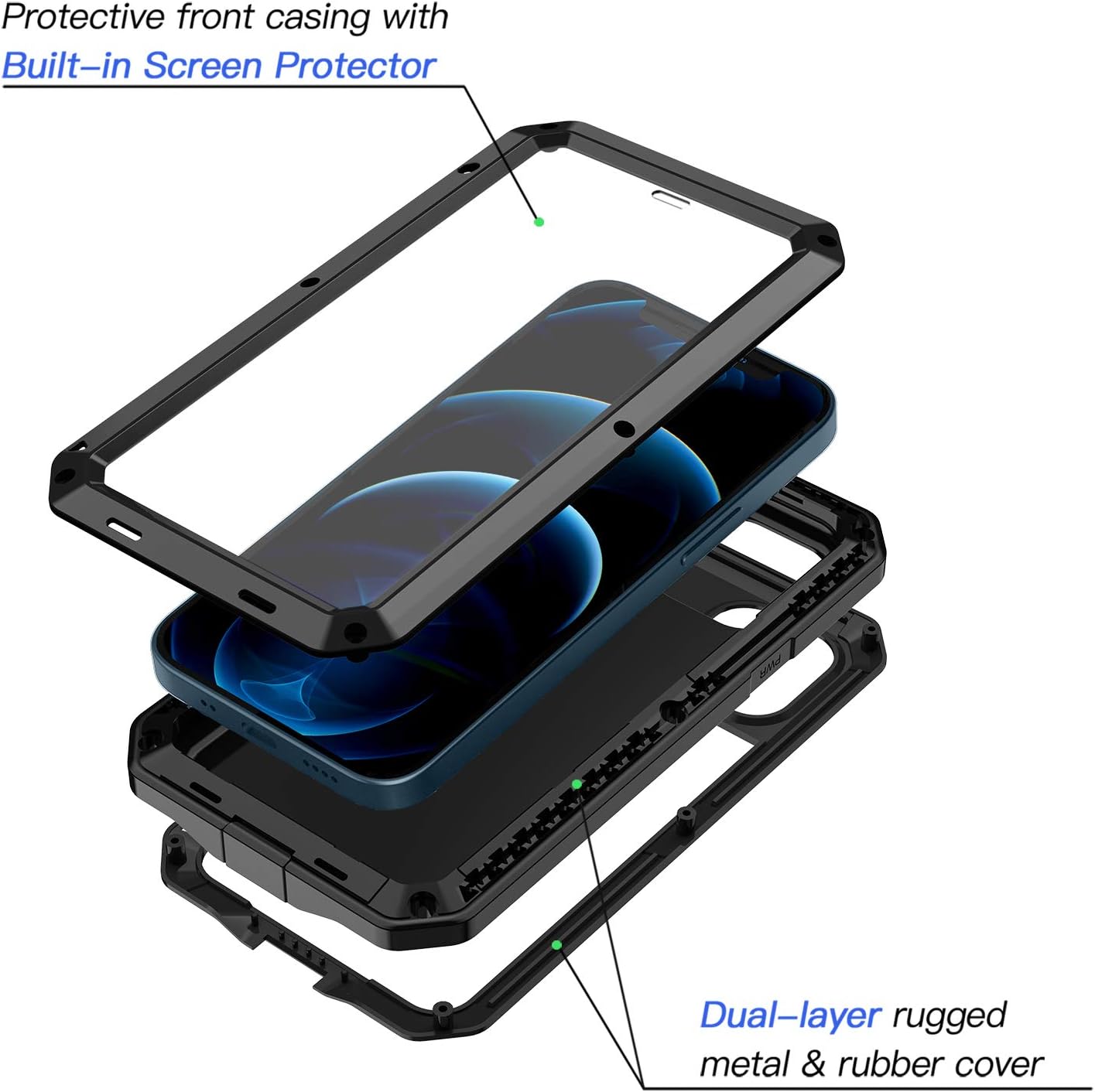 Lanhiem Funda de metal para iPhone 12, iPhone 12 Pro, resistente a los golpes, con protector de pantalla de vidrio integrado, funda protectora 360 a