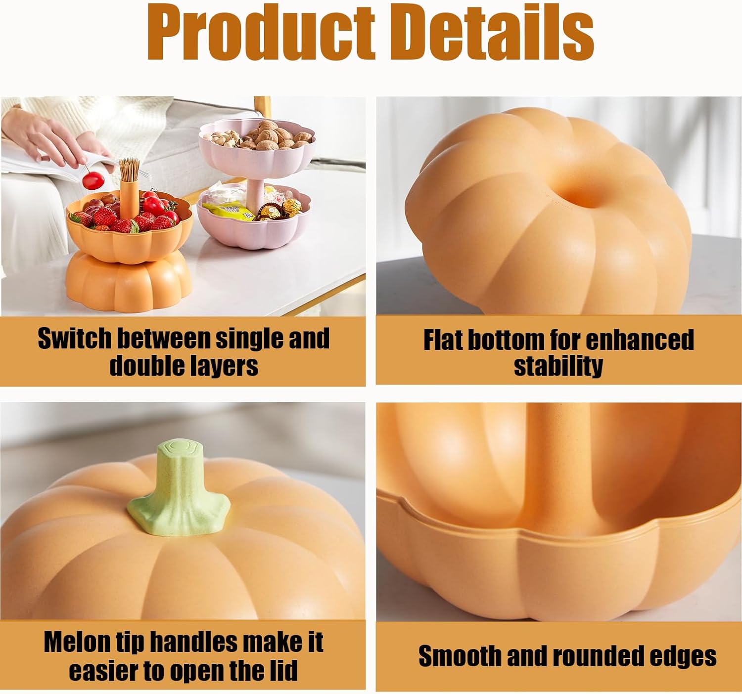 Halloween Pumpkin Candy Bowl, Creative Pumpkin Candy Bowl to Hold Candy, Nuts, Fruits, Large 2-layered Candy Bowl for Halloween Home, Office Decor