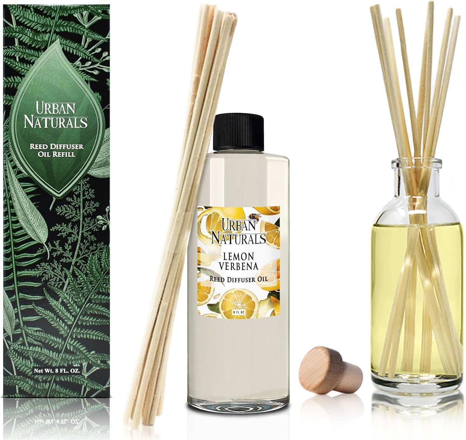 Urban Naturals Repuesto de difusor de varillas de aceite esencial de verbena de limón, tamaño grande de 8 onzas, incluye un juego gratis de varillas