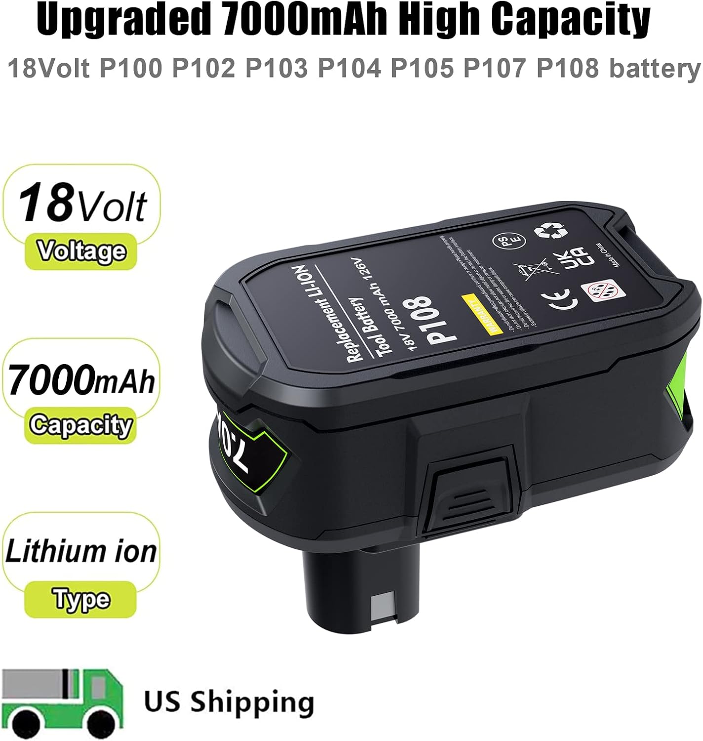 Batería y cargador actualizado de 7000 mAh P108 de 18 V y cargador para batería Ryobi de 18 V y cargador P117 compatible con Ryobi 18V ONE + P108