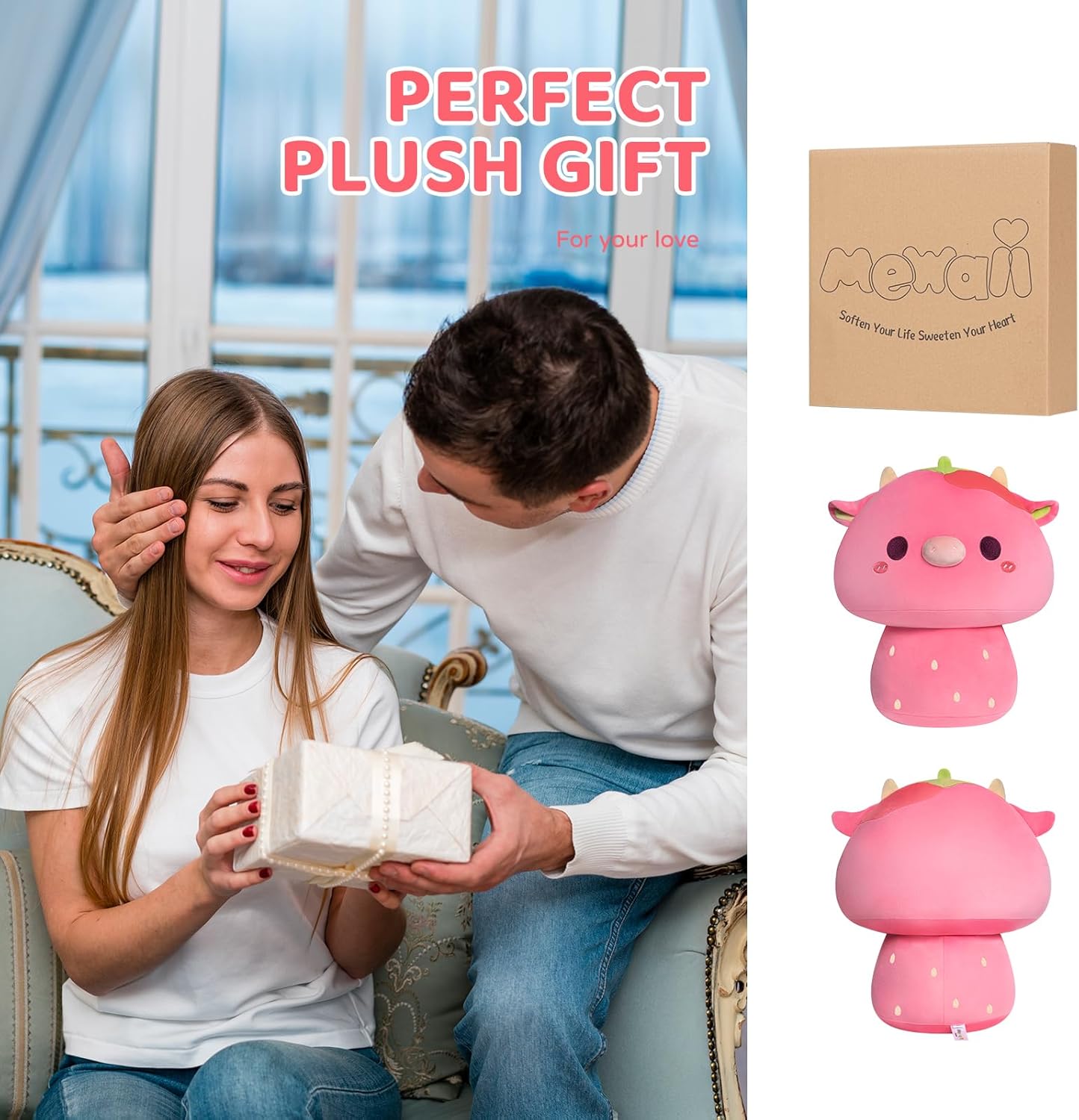 Almohada de peluche de vaca de fresa de 14 pulgadas, almohada suave de peluche, animales de peluche Kawaii de vaca fresa, lindos juguetes de