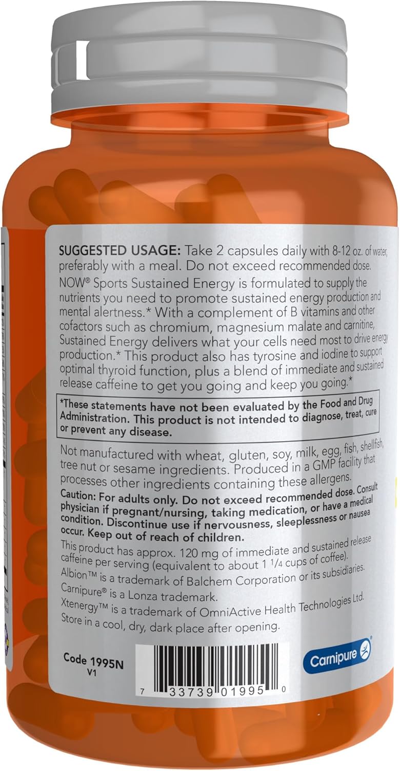 NOW Deportes, Producción de Energía Sostenida de Energía* Alerta Mental* Cafeína de Liberación Sostenida con Vitaminas B 90 Cápsulas Vegetales
